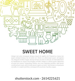 Sweet Home Line Concept. Vector Illustration of Outline Design. House Indoor Decor and Interior Linear Objects.