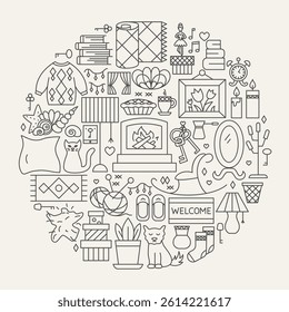 Sweet Home Line Icons Circle. Vector Illustration of Outline Design. House Indoor Decor and Interior Linear Objects.