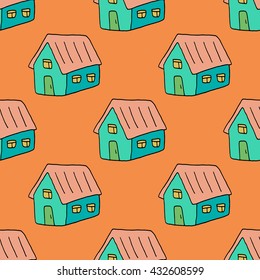 Sweet home pattern with lovely hand drawn houses. Cute vector colorful home pattern. Seamless cheerful home pattern for fabric, wallpapers, wrapping paper, cards and web backgrounds.