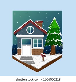 sweet home with pine tree in the winter season vector illustrator