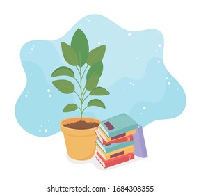 sweet home potted plant and stack books vector illustration