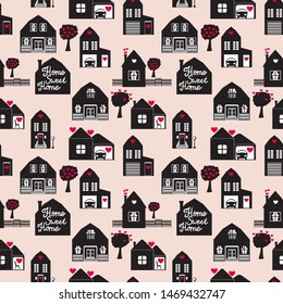 Sweet home seamless pattern with cute house. Surface design. Vector illustration black buildings on background