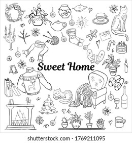 Sweet home set isolated hand drawn  on white  background. Warm and cozy illustration in scandinavian style.Sutable elements for greeting cards, posters, stickers and postcards design. Vector.