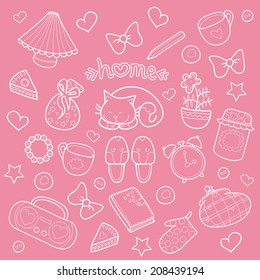 Sweet Home, set of vector design home elements, cute cat, cups of coffee, cake, jam, sneakers, alarm clocks, bows, hearts, stars, pencil, tape recorder and diary