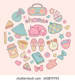 Sweet Home, set of vector design home elements, cute cat, cups of coffee, cake, jam, sneakers, alarm clocks etc.