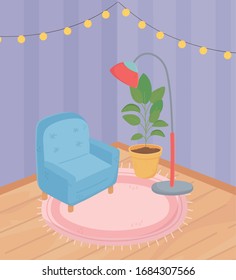 sweet home sofa potted plant lamp carpet and hanging lights vector illustration