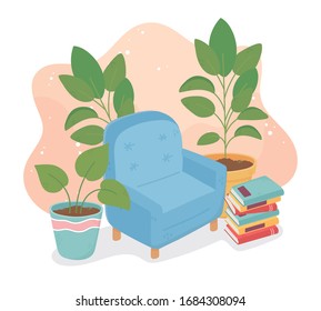 sweet home sofa potted plants stacked books decoration vector illustration