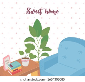sweet home sofa stacked books potted plant table furniture vector illustration