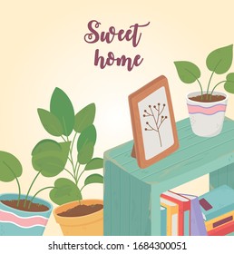 sweet home stack books potted plants interior picture furniture vector illustration