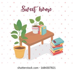 los libros de la pila de casas dulces apuntan a la planta en la ilustración vectorial de la tabla