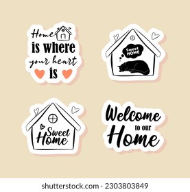 Juego de stickers para casa. Recorte de imágenes prediseñadas de etiquetas de portátiles vectoriales. Bienvenido a nuestra oferta de casa.