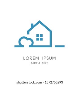 Sweet home symbol - cozy house with window and chimney on the roof and small tree. Suburban life, calm and happiness vector icon.