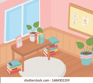 sweet home table frame books plants carpet note board window room vector illustration