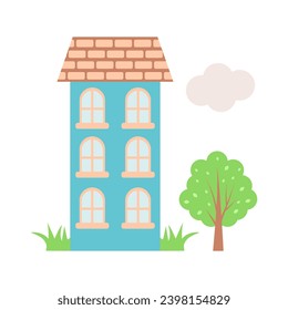 Sweet home with tree. Multi-storey building. Cute cartoon house. Hand drawn vector illustration isolated on white background.