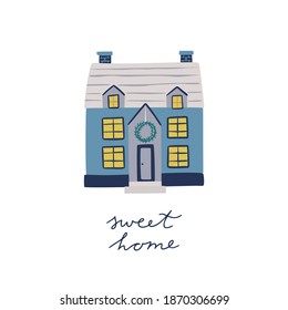 Dulce tarjeta vectorial de casa. Ilustración de la casa linda aislada en el fondo blanco. Casa dibujada a mano