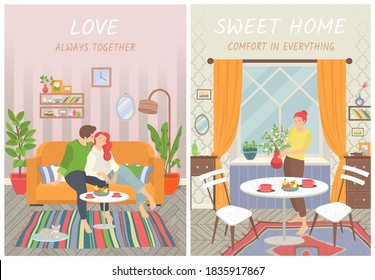 Sweet home vector, couple in love, spending time in house flat style. Interior of living room, lady with houseplant in kitchen. Sofa with pillows