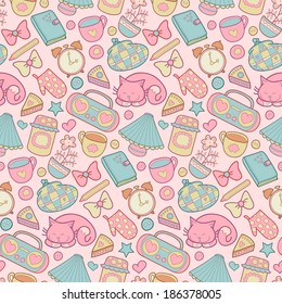 Sweet Home vector seamless pattern. Set of vector design home elements, cute cat, cups of coffee, cake, jam, alarm clocks, bows, hearts, stars, pencil, tape recorder and diary