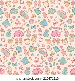 Sweet Home vector seamless pattern. Set of vector design home elements, cute cat, cups of coffee, cake, jam, alarm clocks, bows, hearts, stars, pencil, tape recorder and diary