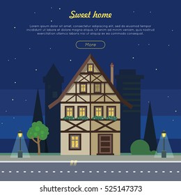 Sweet home web banner. Half-timbered house on night city street flat vector illustration. Own dream dwelling. Fachwerk comfortable house for family. For real estate, building company landing page