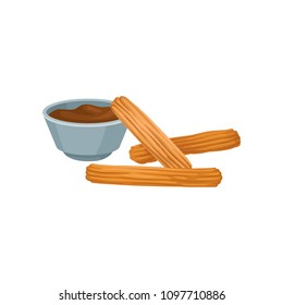 Sweet homemade churros with chocolate dipping sauce. Delicious Mexican snack. Flat vector design for cafe menu or poster