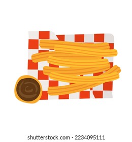 Sweet homemade churros with chocolate dipping sauce on a paper napkin. Delicious Mexican snack. Flat vector design. Street food, dessert