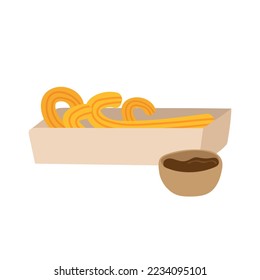 Sweet homemade churros in paper packaging with chocolate dipping sauce. Delicious Mexican snack. Flat vector design for cafe menu or poster