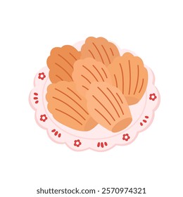 Sweet homemade pastry Madeleine cookies. French classic traditional dessert. Fresh delicious pastries on porcelain plate with cute red flowers. Flat vector illustration isolated on white background