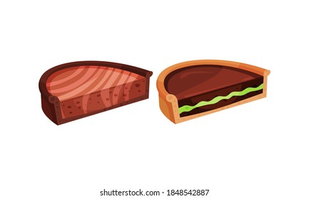 Sweet Homemade Pie or Cheesecake Halves with Chocolate Filling and Crust Made of Shortcrust Pastry Vector Illustration Set