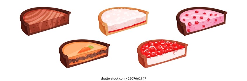 Sweet Homemade Pie or Cheesecake Halves with Berry Filling and Crust Made of Shortcrust Pastry Vector Illustration Set