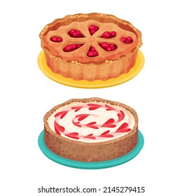 Sweet homemade pie and tart set. Delicious tasty dessert with fresh berries and whipped cream vector illustration