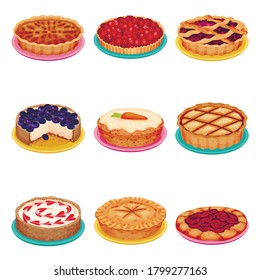 Sweet Homemade Pies with Filling and Crusts Made of Shortcrust Pastry Vector Set