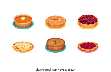 Sweet Homemade Pies with Filling and Crusts Made of Shortcrust Pastry Vector Set