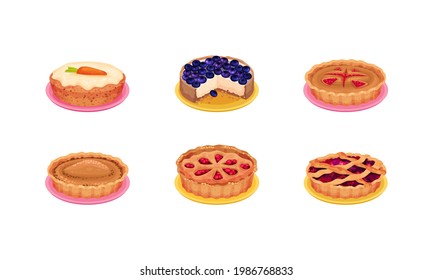 Sweet Homemade Pies with Filling and Crusts Made of Shortcrust Pastry Vector Set