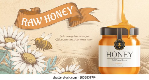 Sweet honey ad banner, golden jar mock-up on beautiful vintage engraving flowers and natural scene, 3d illustration