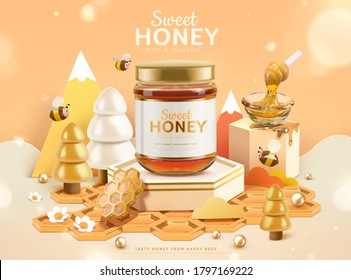 Sweet honey ad template, golden honeycomb podium design with cute bees and trees, 3d illustration