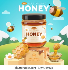 Sweet honey ad template, yellow honeycomb podiums on natural mountain background, 3d illustration