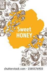 Sweet honey banner with hand drawn illustrations and yellow stain