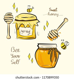 sweet honey and bee hand draw vector.Isolated vector.