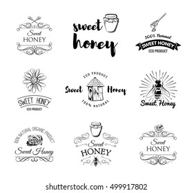 Sweet Honey. Beehive. Spoon of Honey. Flower. Honeycomb. A bee and a jar of Honey. Labels and Badges Set. Illustration Vector Isolated Elements Honey label