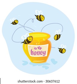 Sweet honey. Bees flying around sweet honey. Vector cartoon Illustration.