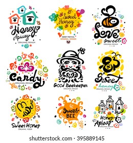 Sweet honey, candy characters. Apiary label. Sweet honey logo. Logo handmade on the topic of beekeeping. Natural bee products. 