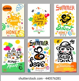 Sweet honey  card and illustrations. Sweet honey summer. Pictures handmade on the topic of beekeeping. Natural bee products. 