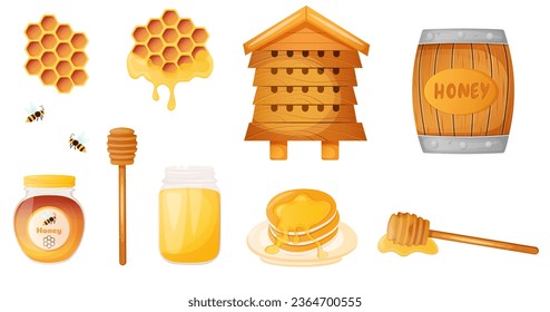 Sweet honey collection with honeycomb, bee , barrel, pancake and hive