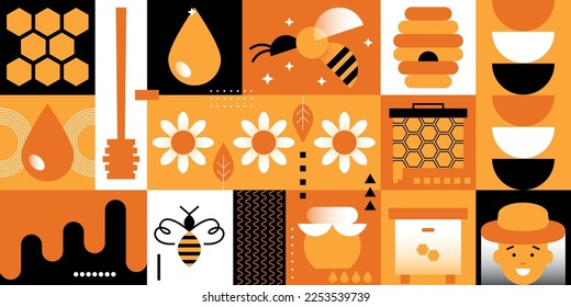 Sweet honey combs with honey, hive, bee, wooden stick pouring and flower. Honey set collection. Flat design elements vector illustration. Natural organic eco honey