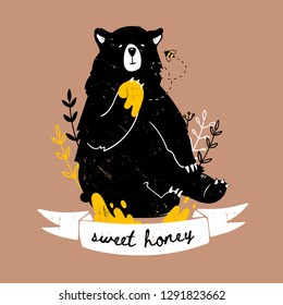 Sweet honey. Cute black bear with paw in honey. Brown background. Hand drawn vector illustration.