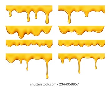 Sweet honey drip and melt flow, liquid syrup drops of gold yellow oil leak, realistic vector. Honey or caramel syrup or golden sauce drips and melt flow with golden drops of honey candy or sweet jelly