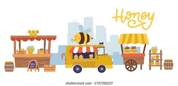 Sweet honey food market with many stalls and counters, showcases. Rural apiary healthy nutrition, agronom at shop or store for retail beehive products. Beekeeping theme. Vector flat illustration.