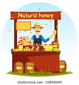 Sweet honey food market stall or counter, showcase. Rural apiary healthy nutrition, agronom at shop or store for retail or selling beehive products. Beekeeping and natural, countryside theme