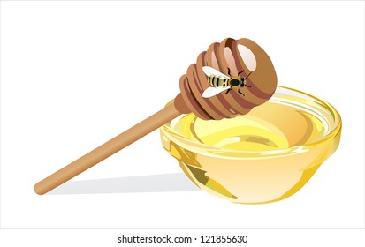 Sweet honey in glass bowl with wood stick and bee isolated on white