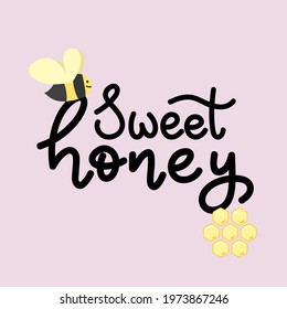 Sweet Honey handwriting with bee, isolated on yellow background , Vector Illustration EPS 10